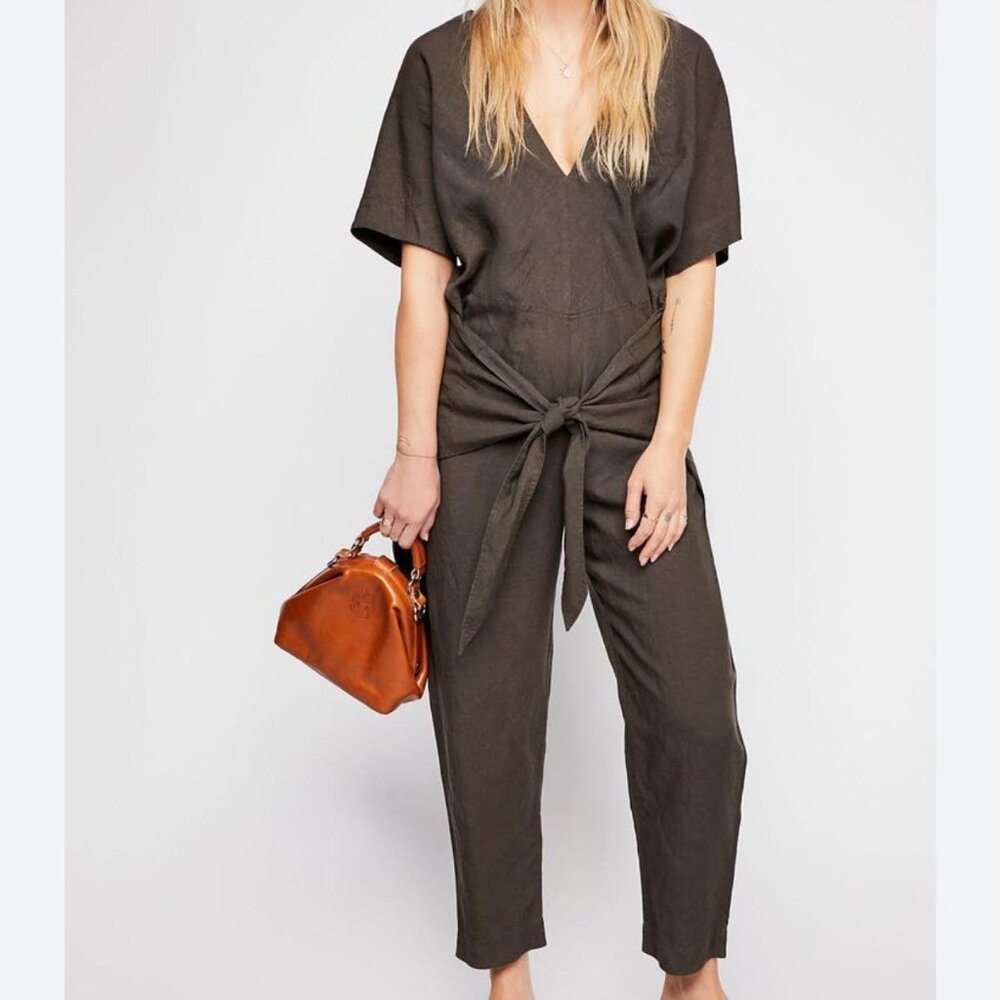 Free People Linen Blend Front Tie Jumpsuit  "Shining Sun"